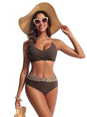 NWT Hanna Nikole Women’s Brown High Waisted Textured Bikini Sets Size Small